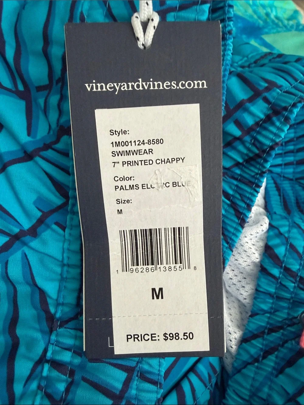 Vineyard Vines Blue Palm-Print Swim Shorts with Pink Drawstring